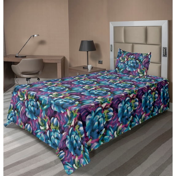 Ambesonne Floral Fitted & Flat Sheet with Sham 3 Pcs Set, Tropical Flowers Scenery Art, Twin XL, Sky Blue and Pale Purple