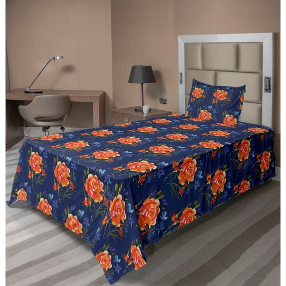 Ambesonne Floral Fitted & Flat Sheet with Sham 3 Pcs Set, Vintage Flowers Garden Art, Twin, Dark Orange and Navy Blue