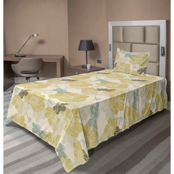 Ambesonne Floral Fitted & Flat Sheet with Sham 3 Pcs Set, Vintage Flowers Simplified, Twin, Pale Yellow Green and Grey