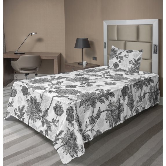 Ambesonne Floral Fitted & Flat Sheet with Sham 3 Pcs Set, Vintage Spring Botanical Art, Twin, Pale Grey White