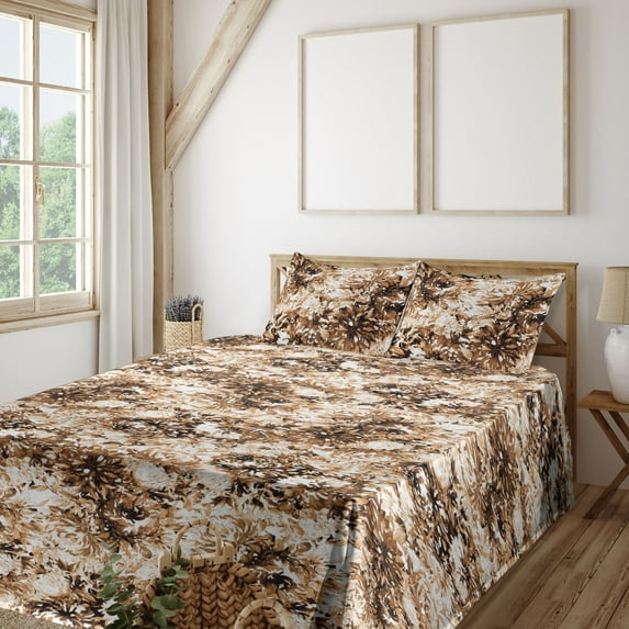 Ambesonne Floral Fitted & Flat Sheet with Sham 3 Pcs Set, Watercolor Autumnal Floral, Twin, Caramel Pale Orange and Umber
