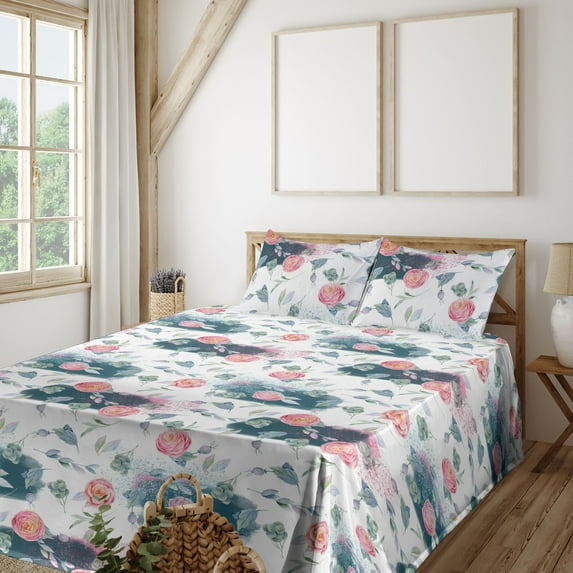Ambesonne Floral Fitted & Flat Sheet with Sham 3 Pcs Set, Wild Peonies Leaves Modern, Twin, Petrol Blue Pink Peach