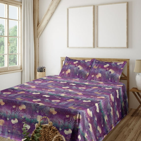 Ambesonne Floral Fitted & Flat Sheet with Shams 4 Pcs Set, Asian Winter Flowers Pattern, Full, Purple Peach and Teal