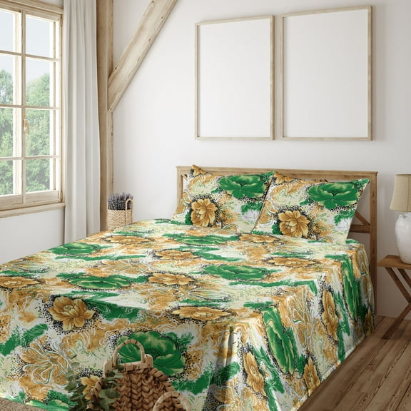 Ambesonne Floral Fitted & Flat Sheet with Shams 4 Pcs Set, Bicolour Flowers Dotted Art, King, Green and Amber