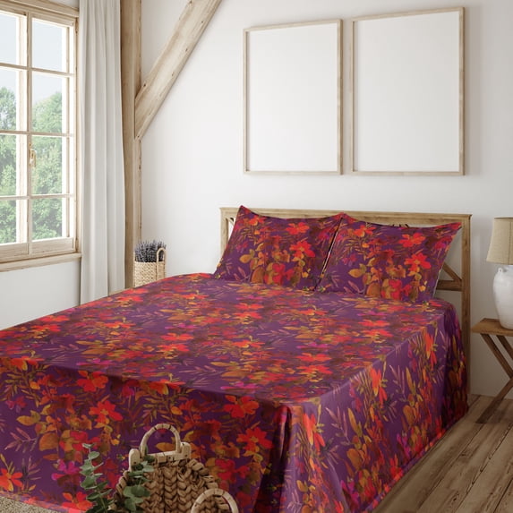 Ambesonne Floral Fitted & Flat Sheet with Shams 4 Pcs Set, Blooming Marigolds Vintage, King, Dark Orange and Hot Pink