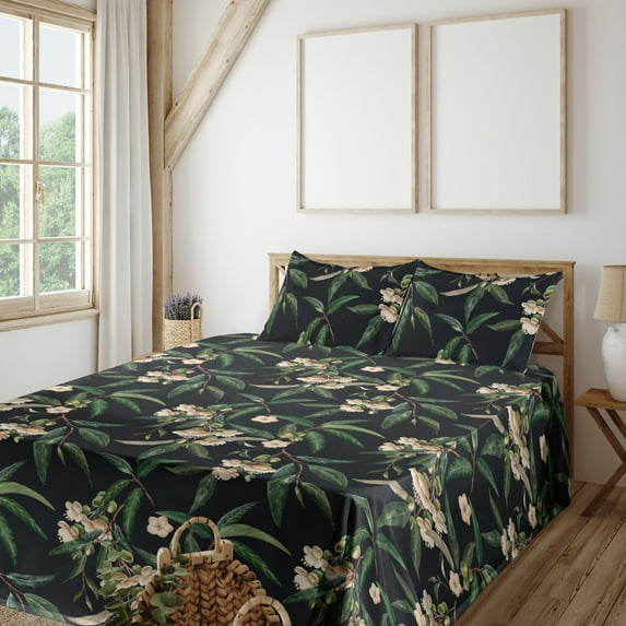 Ambesonne Floral Fitted & Flat Sheet with Shams 4 Pcs Set, Blooming Wild Durian Flowers, King, Forest Green Peach
