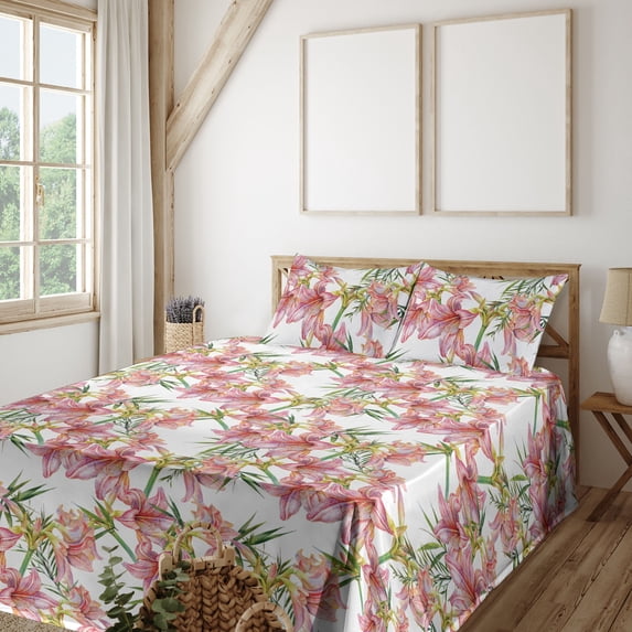 Ambesonne Floral Fitted & Flat Sheet with Shams 4 Pcs Set, Blossom Foliage Tropical, Calking, Raspberry and Pistachio Green