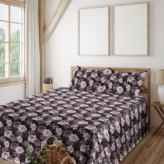 Ambesonne Floral Fitted & Flat Sheet with Shams 4 Pcs Set, Blossoming Flowers Summer, Full, Black Pale Rose and Coral
