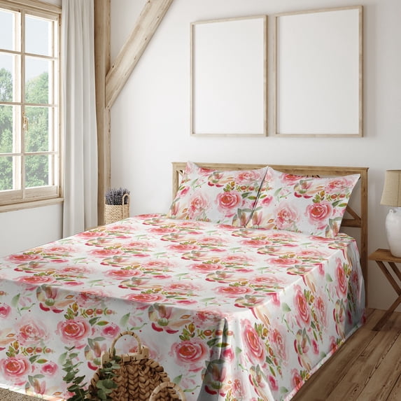 Ambesonne Floral Fitted & Flat Sheet with Shams 4 Pcs Set, Botanical Grungy Watercolor, Full, Pastel Pink and Pale Coffee