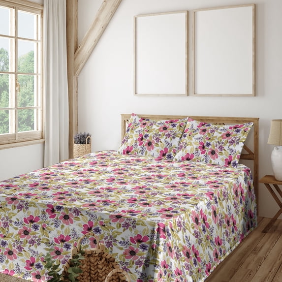 Ambesonne Floral Fitted & Flat Sheet with Shams 4 Pcs Set, Botanical Romantic Ornament, Calking, Pastel Pink and Sand Brown
