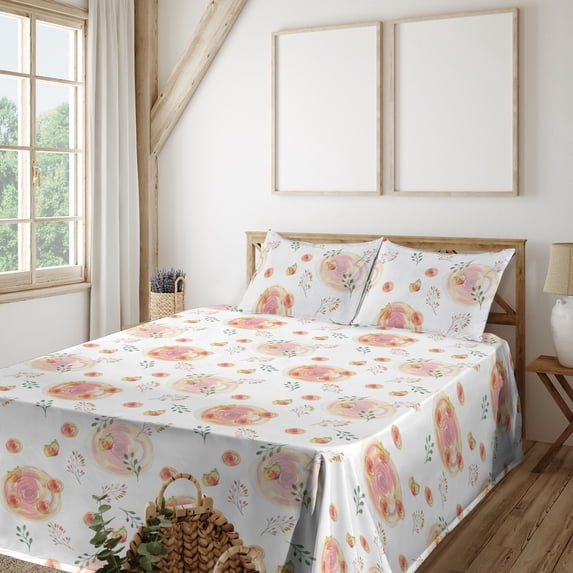 Ambesonne Floral Fitted & Flat Sheet with Shams 4 Pcs Set, Butterfly Flower Summer Art, Full, Coral Laurel Green