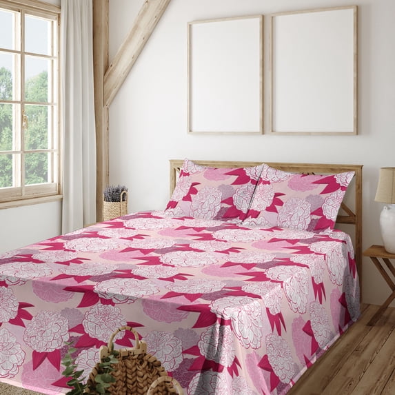 Ambesonne Floral Fitted & Flat Sheet with Shams 4 Pcs Set, Camellia Flowers Retro Art, Queen, Dark Pink White and Blush