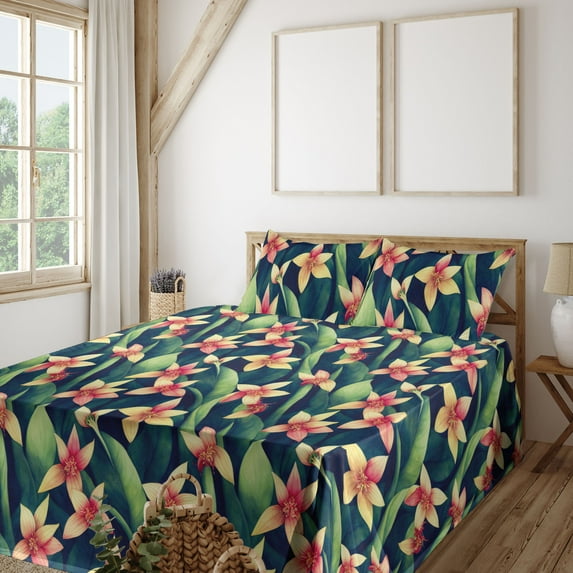Ambesonne Floral Fitted & Flat Sheet with Shams 4 Pcs Set, Carnivorous Exotic Print Art, King, Pale Yellow Fern Green