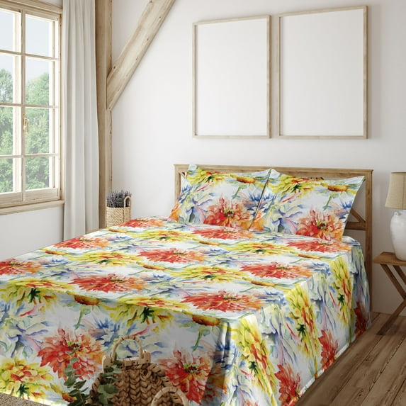 Ambesonne Floral Fitted & Flat Sheet with Shams 4 Pcs Set, Chrysanthemum Flowers Print, King, Vermilion Mustard and Green