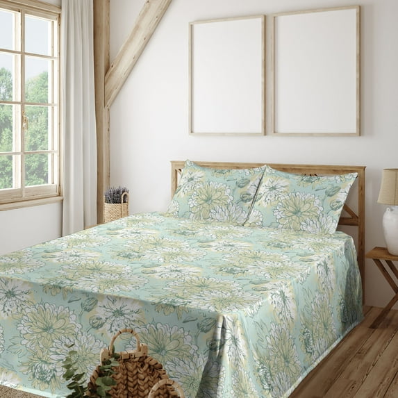 Ambesonne Floral Fitted & Flat Sheet with Shams 4 Pcs Set, Chrysanthemums Retro Plot, King, Pale Green and Champagne