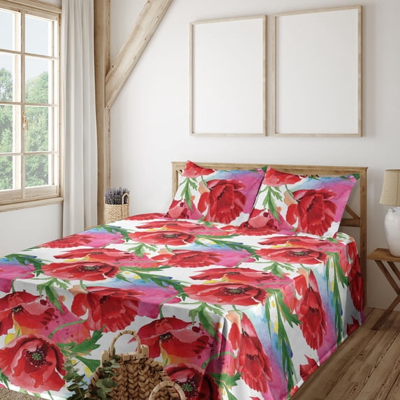Ambesonne Floral Fitted & Flat Sheet with Shams 4 Pcs Set, Colorful Flower Garden Poppy, Full, Vermilion Green Pink