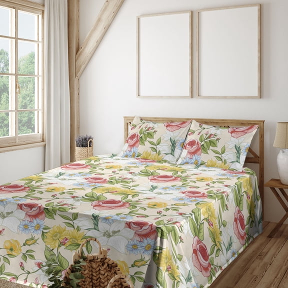 Ambesonne Floral Fitted & Flat Sheet with Shams 4 Pcs Set, Colorful Wildflowers Fashion, King, Dark Coral Avocado Green