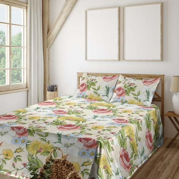 Ambesonne Floral Fitted & Flat Sheet with Shams 4 Pcs Set, Colorful Wildflowers Fashion, Queen, Dark Coral Avocado Green