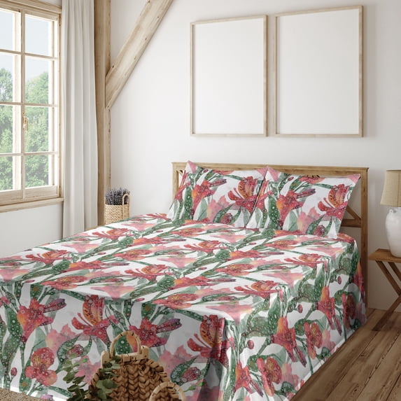 Ambesonne Floral Fitted & Flat Sheet with Shams 4 Pcs Set, Exotic Lily of the Incas Art, Queen, Fern Green Coral Orange