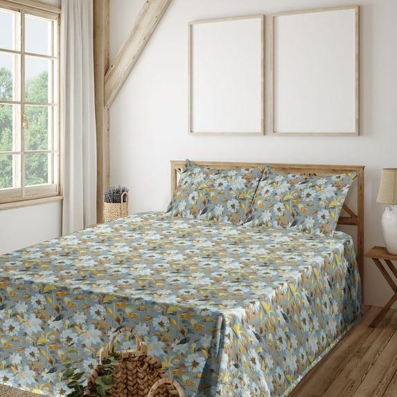 Ambesonne Floral Fitted & Flat Sheet with Shams 4 Pcs Set, Falling Leaves Blooms Botany, King, Marigold Blue Grey