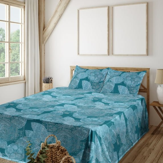 Ambesonne Floral Fitted & Flat Sheet with Shams 4 Pcs Set, Fashion Grunge Flowers Art, King, Pale Cadet Blue and Teal