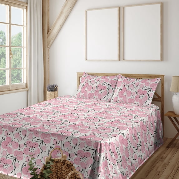 Ambesonne Floral Fitted & Flat Sheet with Shams 4 Pcs Set, Fashion Vintage Flowers Plot, King, Pastel Pink and Dark Grey