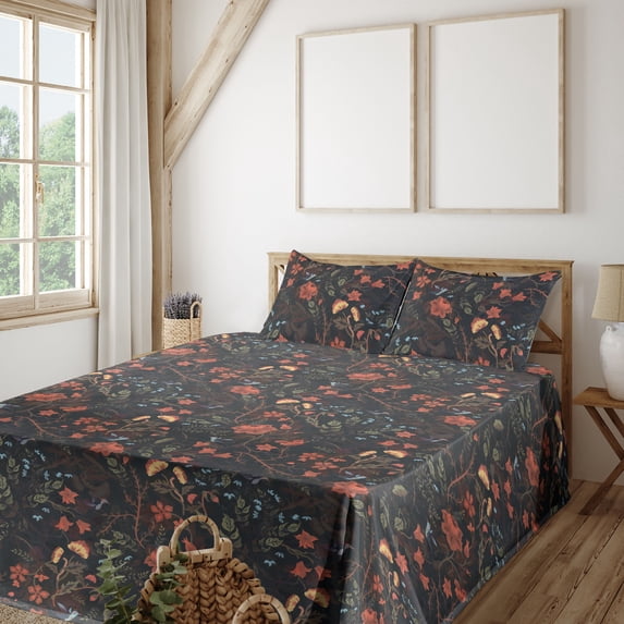 Ambesonne Floral Fitted & Flat Sheet with Shams 4 Pcs Set, Flower Bird Leaf Pattern, King, Dark Coral and Reseda Green