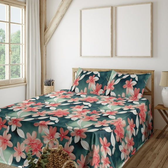 Ambesonne Floral Fitted & Flat Sheet with Shams 4 Pcs Set, Flower Illustration Leaves, Full, Dark Coral Dark Teal