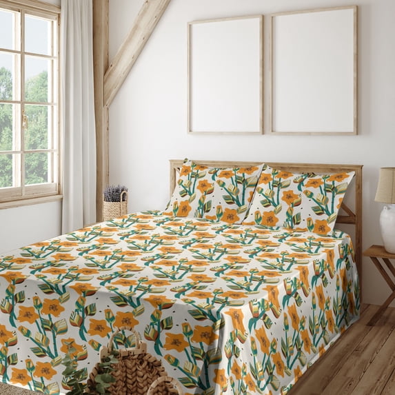 Ambesonne Floral Fitted & Flat Sheet with Shams 4 Pcs Set, Flowers Colorful Lines Plot, Queen, Orange and Pale Petrol Blue