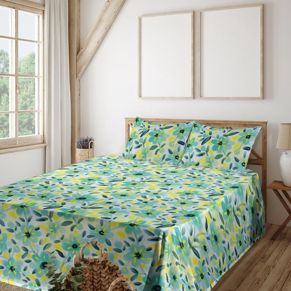 Ambesonne Floral Fitted & Flat Sheet with Shams 4 Pcs Set, Flowers Digital Repeating, Full, Dark Turquoise and Yellow