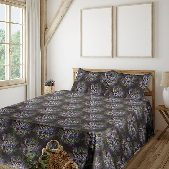 Ambesonne Floral Fitted & Flat Sheet with Shams 4 Pcs Set, Flowers Garden Pansies Posy, King, Lilac Plum and Laurel Green