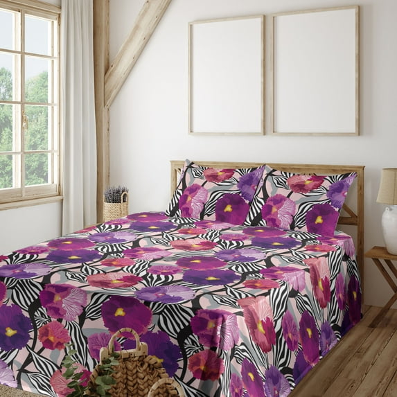 Ambesonne Floral Fitted & Flat Sheet with Shams 4 Pcs Set, Flowers Monochrome Leaves, King, Eggplant White and Magenta