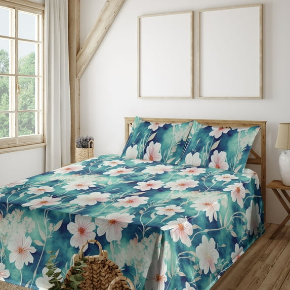 Ambesonne Floral Fitted & Flat Sheet with Shams 4 Pcs Set, Flowers Summer Garden Print, Queen, Vermilion Teal Off White