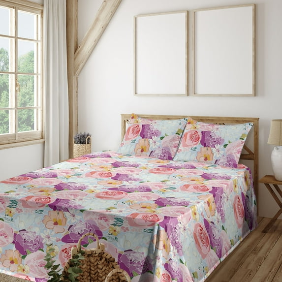 Ambesonne Floral Fitted & Flat Sheet with Shams 4 Pcs Set, Flowers Vintage Exotics Art, Queen, Pale Fuchsia Pale Pink