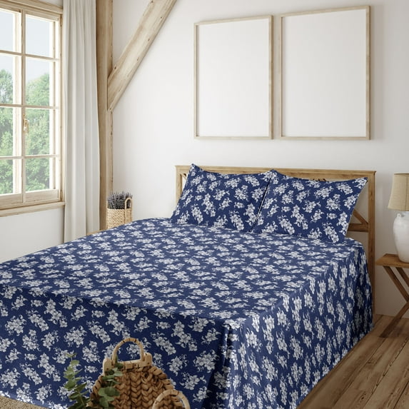 Ambesonne Floral Fitted & Flat Sheet with Shams 4 Pcs Set, Garden Night Flowers Asian, Calking, Navy Blue and White
