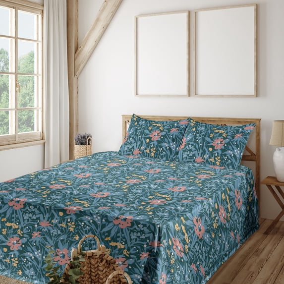 Ambesonne Floral Fitted & Flat Sheet with Shams 4 Pcs Set, Garden Scene Flowers Leaves, Full, Pale Salmon and Sea Blue