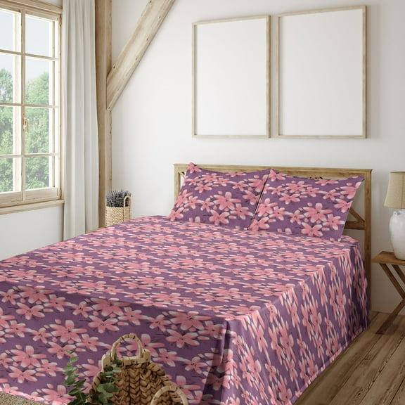Ambesonne Floral Fitted & Flat Sheet with Shams 4 Pcs Set, Garden Scenery Pinkish Plot, Calking, Purple Grey Pastel Pink