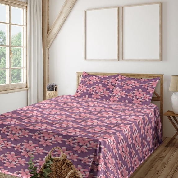 Ambesonne Floral Fitted & Flat Sheet with Shams 4 Pcs Set, Garden Scenery Pinkish Plot, Queen, Purple Grey Pastel Pink
