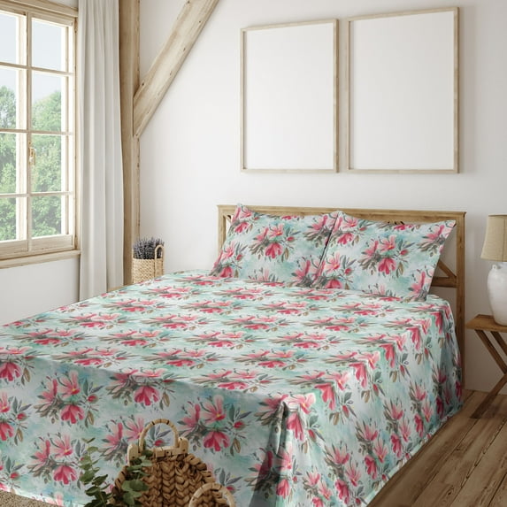 Ambesonne Floral Fitted & Flat Sheet with Shams 4 Pcs Set, Garden Watercolor Botanical, Queen, Dark Coral and Grey Teal