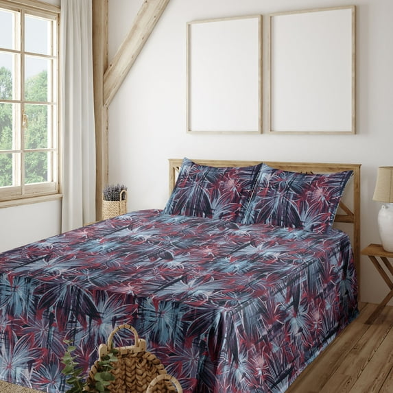 Ambesonne Floral Fitted & Flat Sheet with Shams 4 Pcs Set, Grunge Bloom Sketchy Stripes, Queen, Plum Pale Maroon