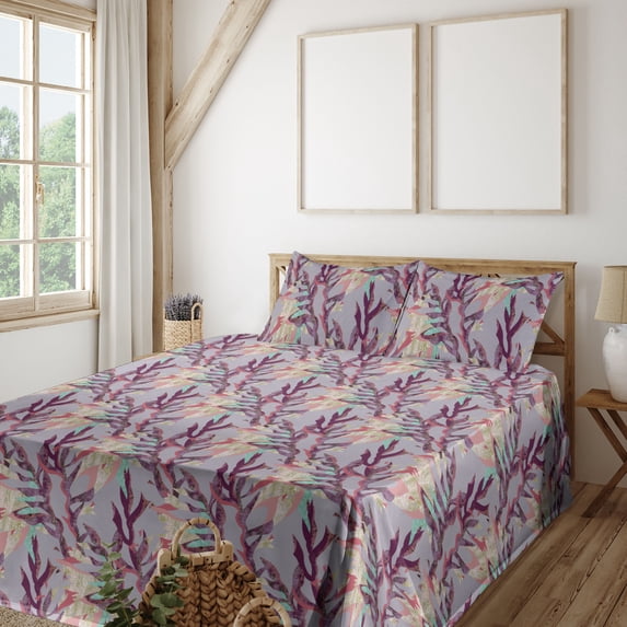 Ambesonne Floral Fitted & Flat Sheet with Shams 4 Pcs Set, Grunge Continuous Branches, Full, Eggplant and Pale Seafoam