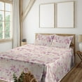 thumbnail image 1 of Ambesonne Floral Fitted & Flat Sheet with Shams 4 Pcs Set, Grunge Pastel Motifs Leaves, Calking, Plum Champagne and Magenta, 1 of 5