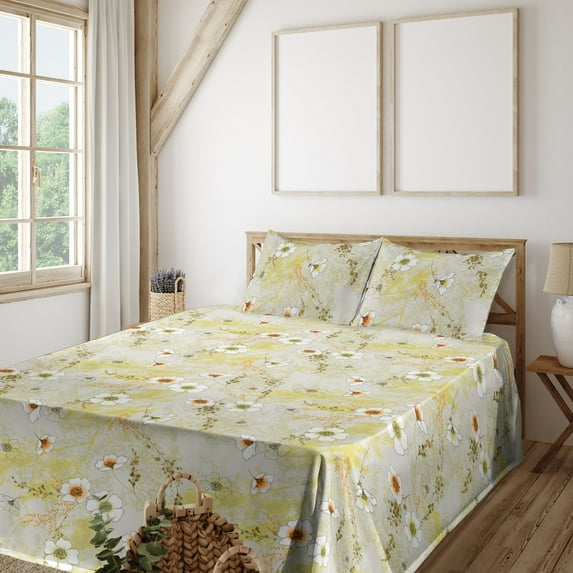 Ambesonne Floral Fitted & Flat Sheet with Shams 4 Pcs Set, Hand-Drawn Minimal Flowers, King, Mustard Vermilion and Orange