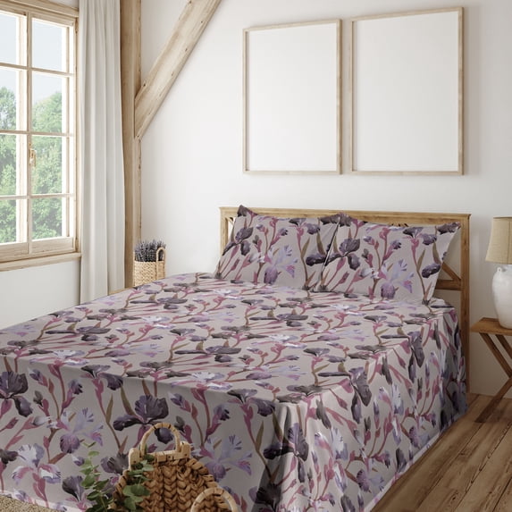 Ambesonne Floral Fitted & Flat Sheet with Shams 4 Pcs Set, Iris Flowers Watercolor Art, Queen, Eggplant Dried Rose
