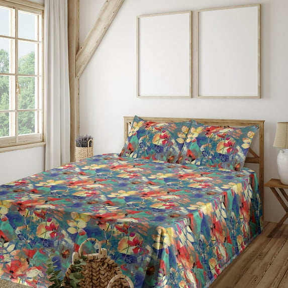 Ambesonne Floral Fitted & Flat Sheet with Shams 4 Pcs Set, Jumble Wild Flowers Pattern, King, Violet Blue Teal and Orange