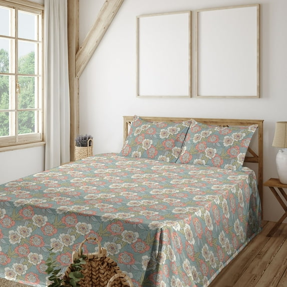 Ambesonne Floral Fitted & Flat Sheet with Shams 4 Pcs Set, Leaves Art Tropical Flowers, King, Cadet Blue and Coral
