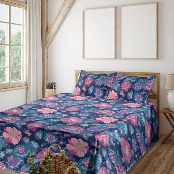 Ambesonne Floral Fitted & Flat Sheet with Shams 4 Pcs Set, Lotus and Peonies Retro Art, Queen, Night Blue and Pale Pink