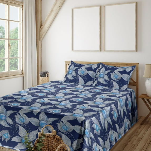 Ambesonne Floral Fitted & Flat Sheet with Shams 4 Pcs Set, Pastel Leaves Berries Art, Full, Deep Sky Blue and Grey