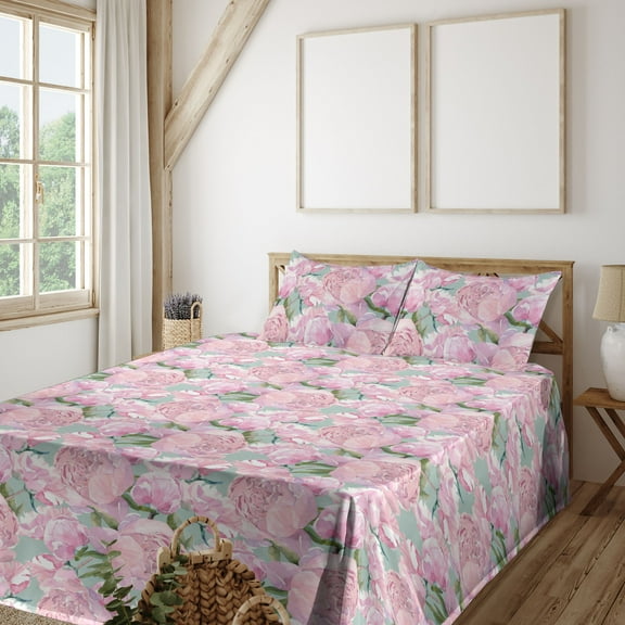Ambesonne Floral Fitted & Flat Sheet with Shams 4 Pcs Set, Pastel Tone Peony Flowers, King, Pale Pink Almond Green