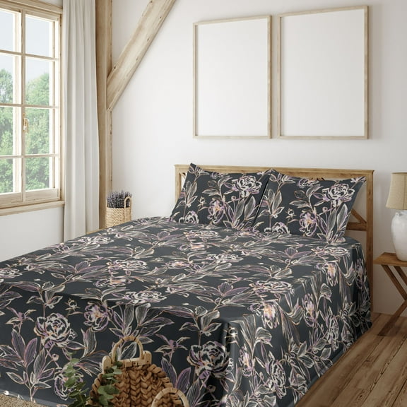 Ambesonne Floral Fitted & Flat Sheet with Shams 4 Pcs Set, Peonies Leaves Vintage Plot, Calking, Dark Grey and Pale Yellow
